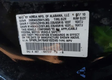 2010 Honda Odyssey Ex-L z USA, uszkodzony, nr VIN 5FNRL3H78AB102246